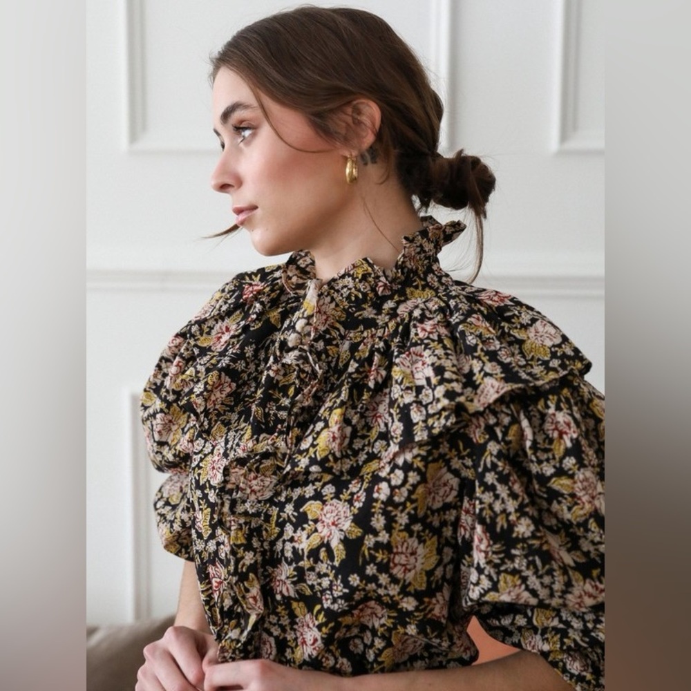 Floral Ruffle High-Neck Blouse - Black Floral